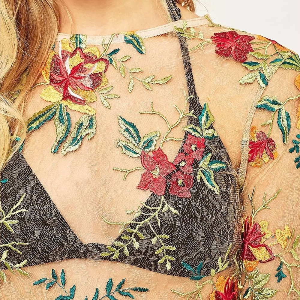 Urban Outfitters Floral Embroidered Sheer Top